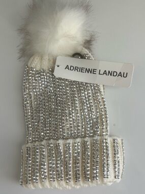 NWT Adrienne Landau Rhinestone Knit Beanie with Pom Pom - white silver grey
